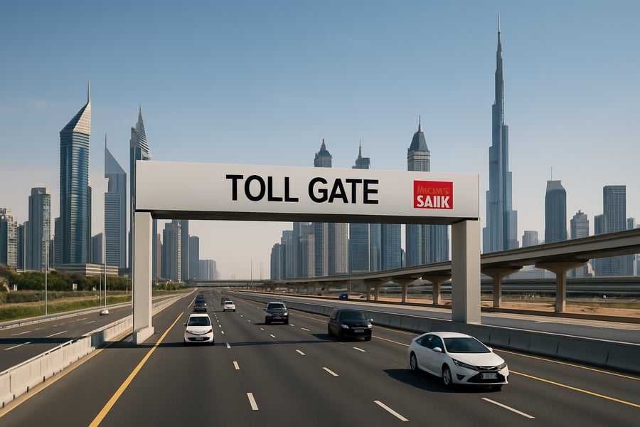 Dubai toll road with city skyline in background Dubai toll road with city skyline in background