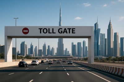 Modern Dubai highway with toll gate and cityscape Modern Dubai highway with toll gate and cityscape